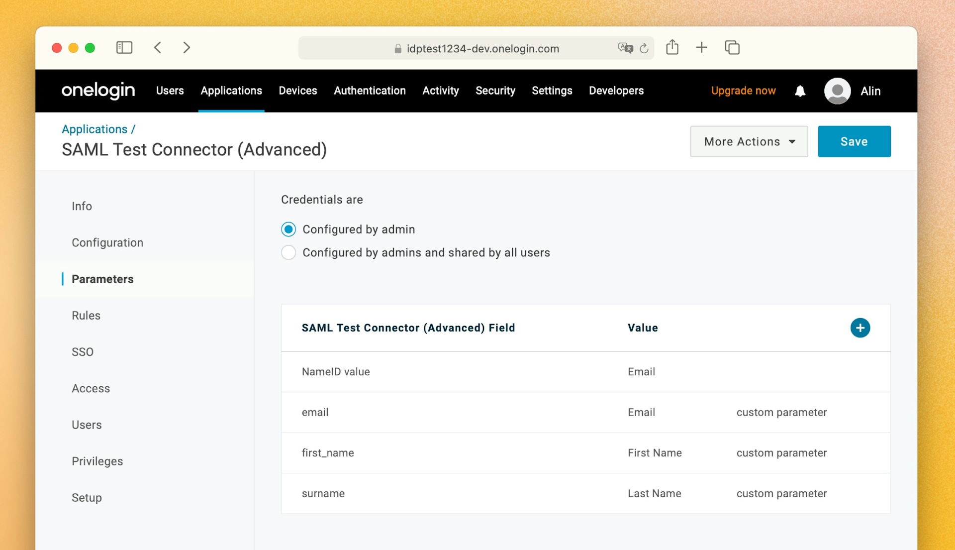 An image showing the SAML parameters in OneLogin