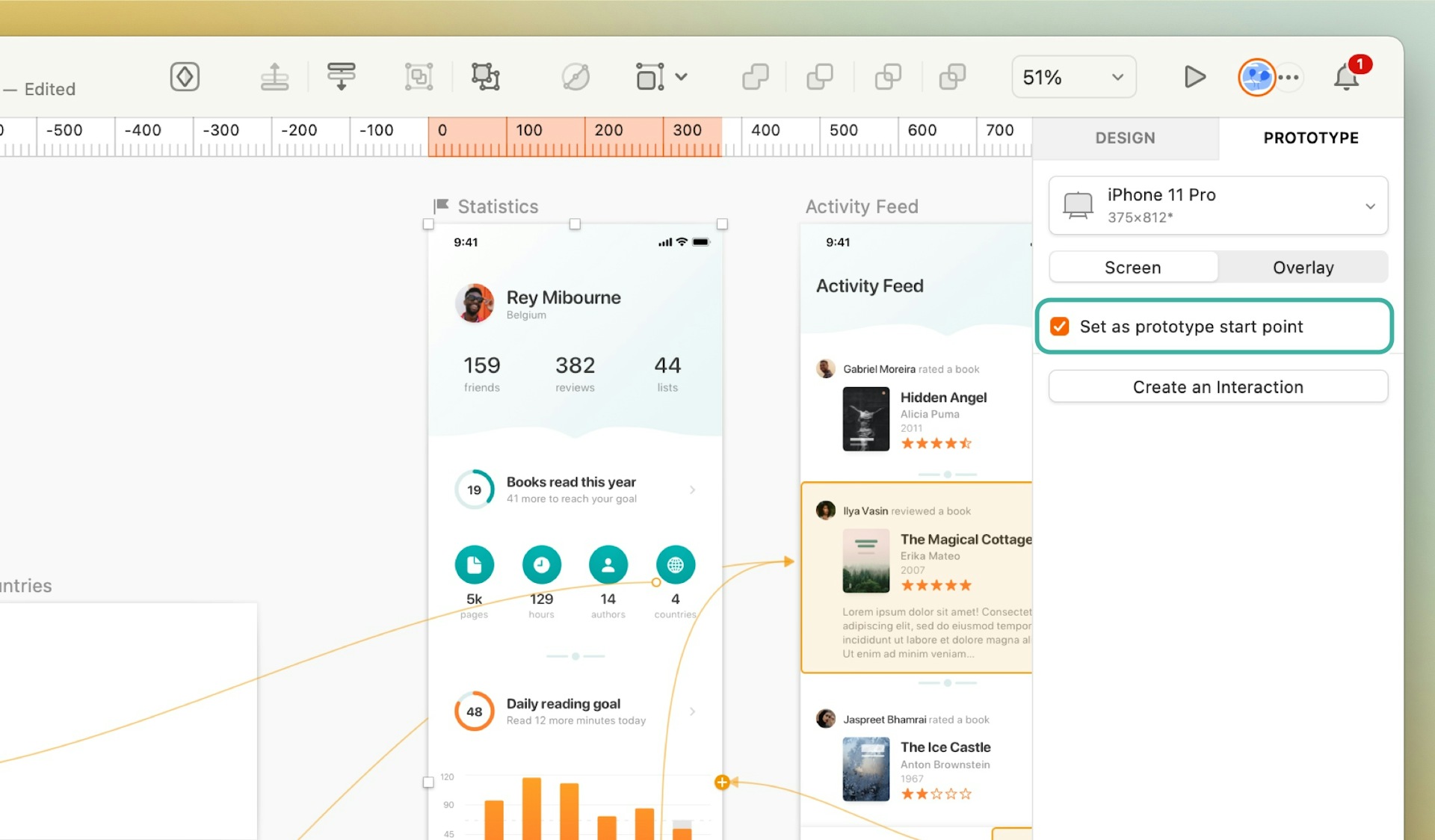 An image showing how to Set as prototype start point for a frame via the Prototyping tab of the Inspector