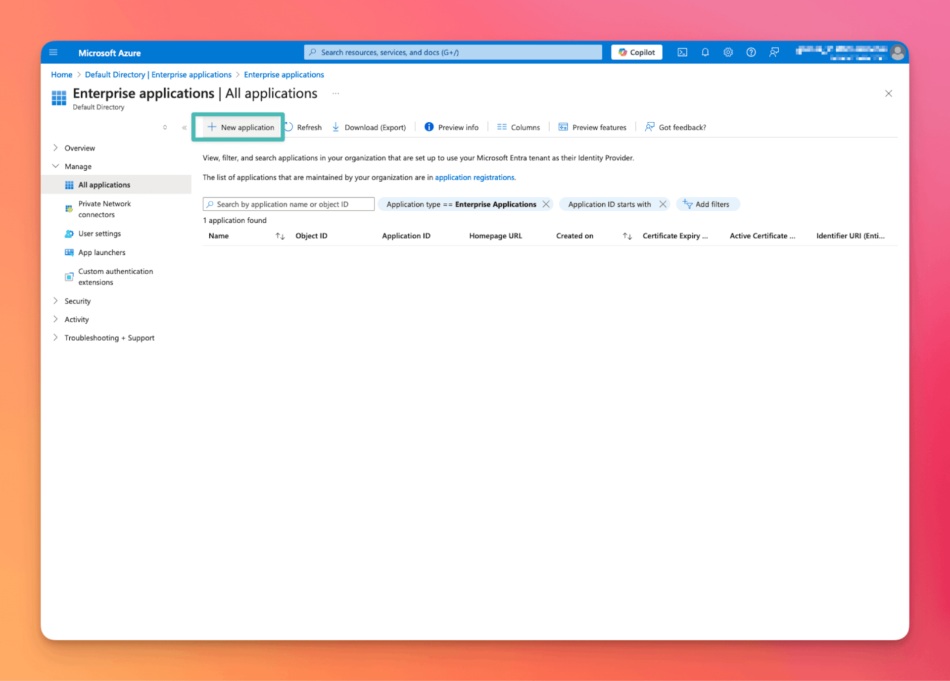 An image showing the new application button in Microsoft Entra ID