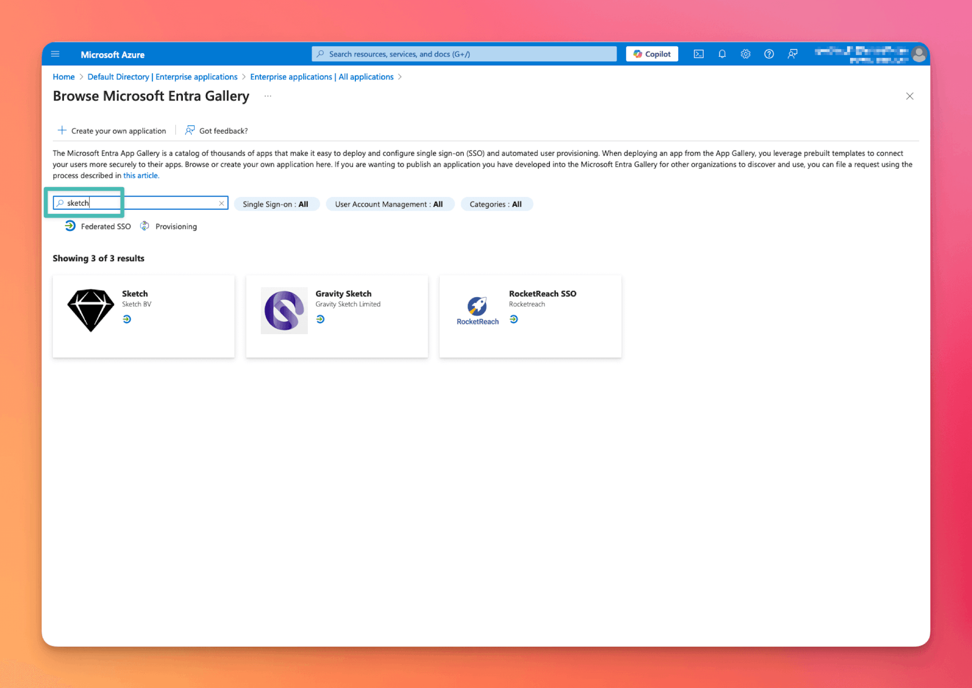 An image showing the search results for the Microsoft Entra gallery