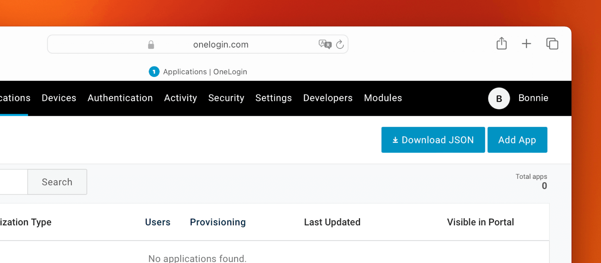 An image showing the applications menu in OneLogin 