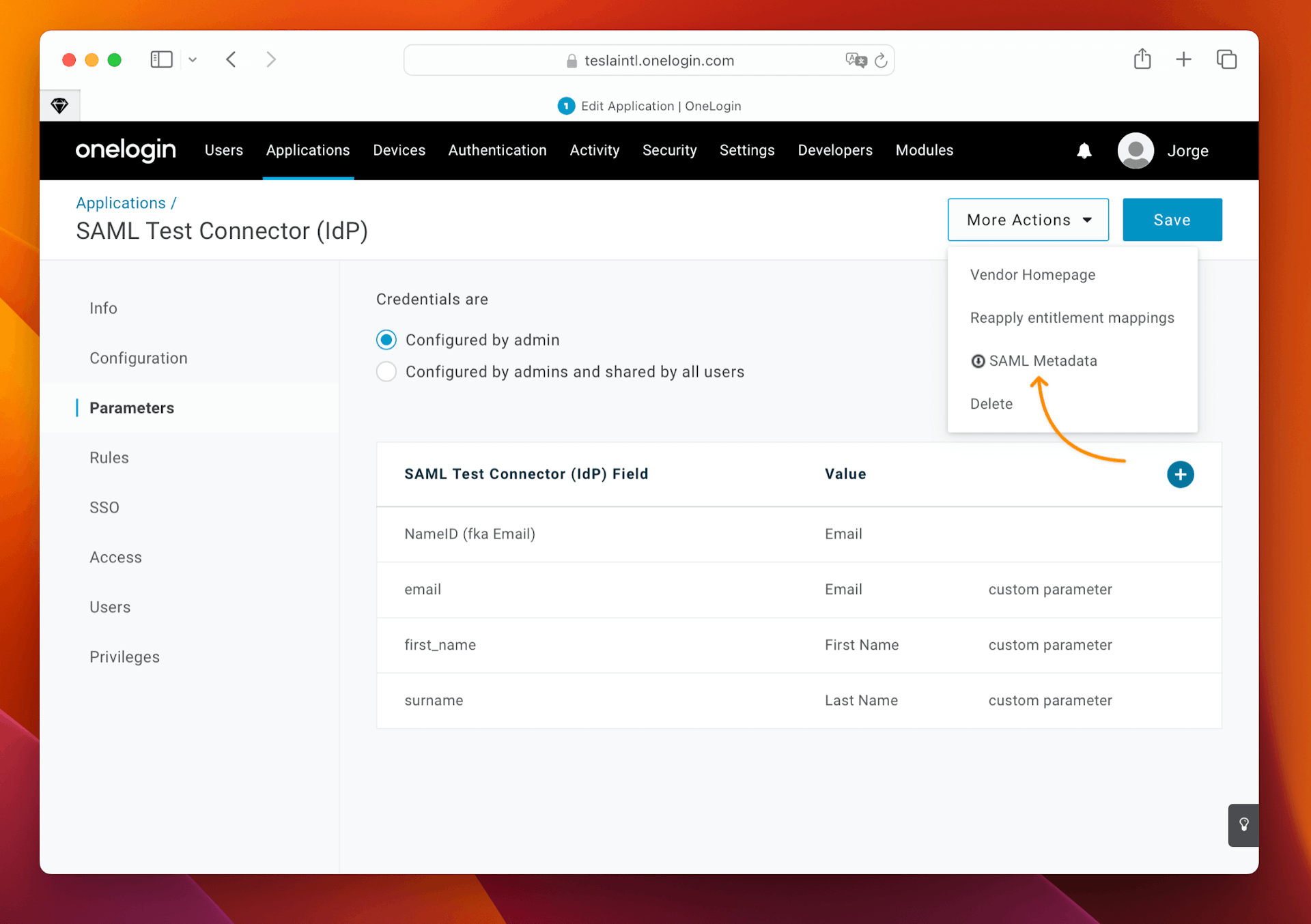 An image showing how to export the metadata file in OneLogin